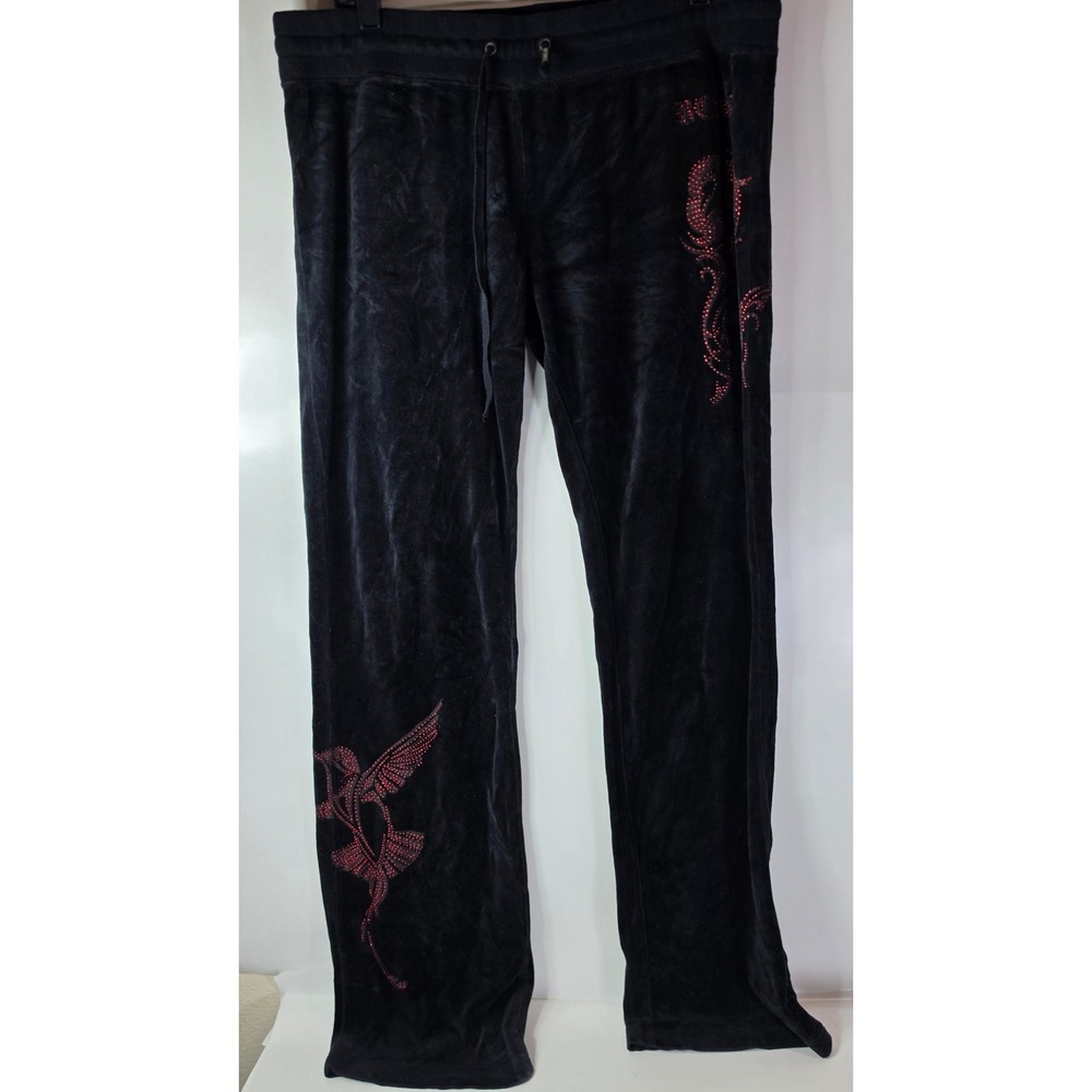 BCBGMAXAZRIA Black‎ Velour Pants XL Red Rhinestone Hummingbird Y2K Tracksuit